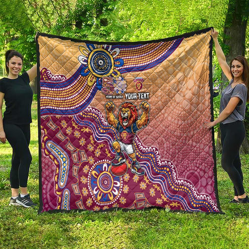 Personalized Brisbane Lions Football Mascot Quilt Aboriginal Dot Art Style Vibrant Indigenous Pattern Design