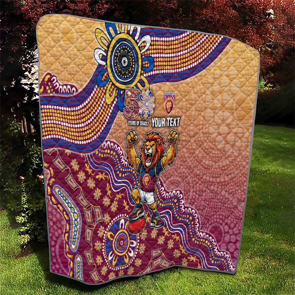 Personalized Brisbane Lions Football Mascot Quilt Aboriginal Dot Art Style Vibrant Indigenous Pattern Design