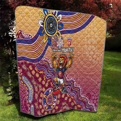 Personalized Brisbane Lions Football Mascot Quilt Aboriginal Dot Art Style Vibrant Indigenous Pattern Design