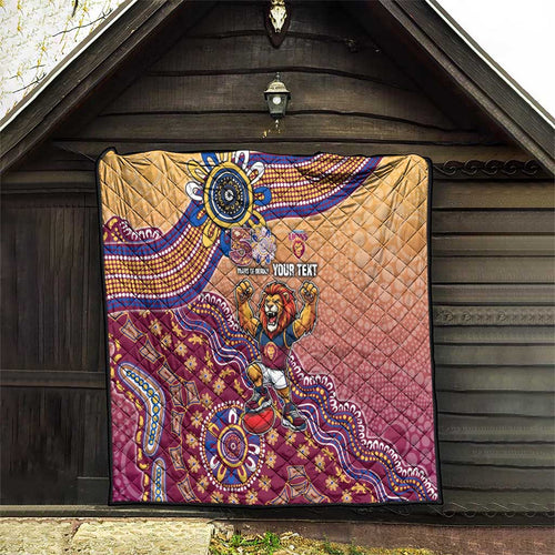 Personalized Brisbane Lions Football Mascot Quilt Aboriginal Dot Art Style Vibrant Indigenous Pattern Design