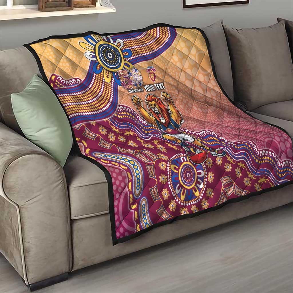 Personalized Brisbane Lions Football Mascot Quilt Aboriginal Dot Art Style Vibrant Indigenous Pattern Design