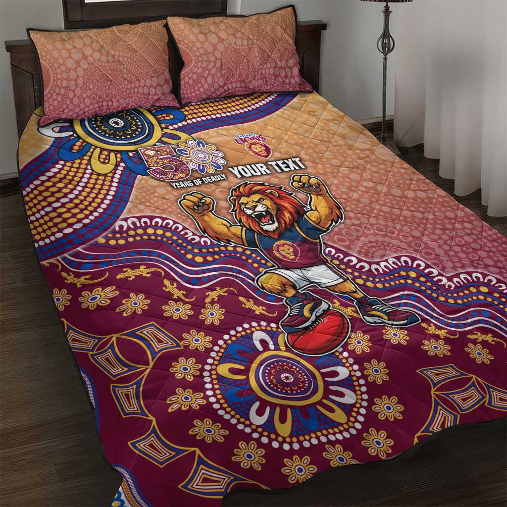 Personalized Brisbane Lions Football Mascot Quilt Bed Set Aboriginal Dot Art Style Vibrant Indigenous Pattern Design