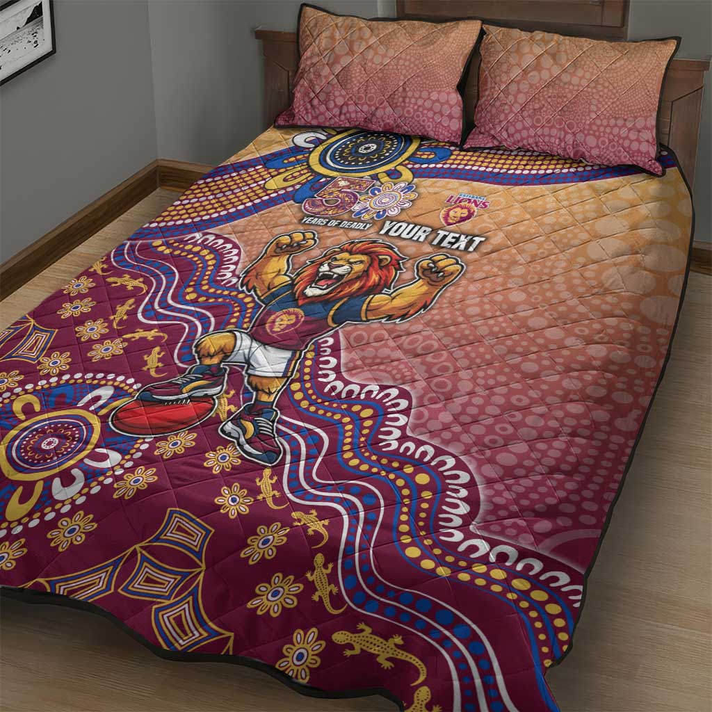 Personalized Brisbane Lions Football Mascot Quilt Bed Set Aboriginal Dot Art Style Vibrant Indigenous Pattern Design