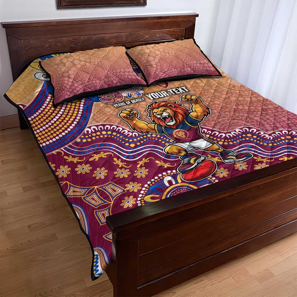 Personalized Brisbane Lions Football Mascot Quilt Bed Set Aboriginal Dot Art Style Vibrant Indigenous Pattern Design