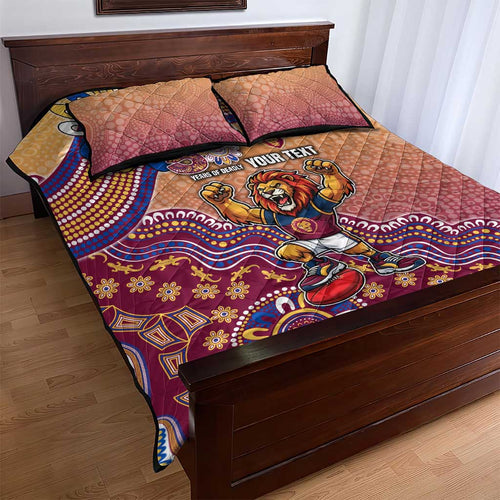 Personalized Brisbane Lions Football Mascot Quilt Bed Set Aboriginal Dot Art Style Vibrant Indigenous Pattern Design