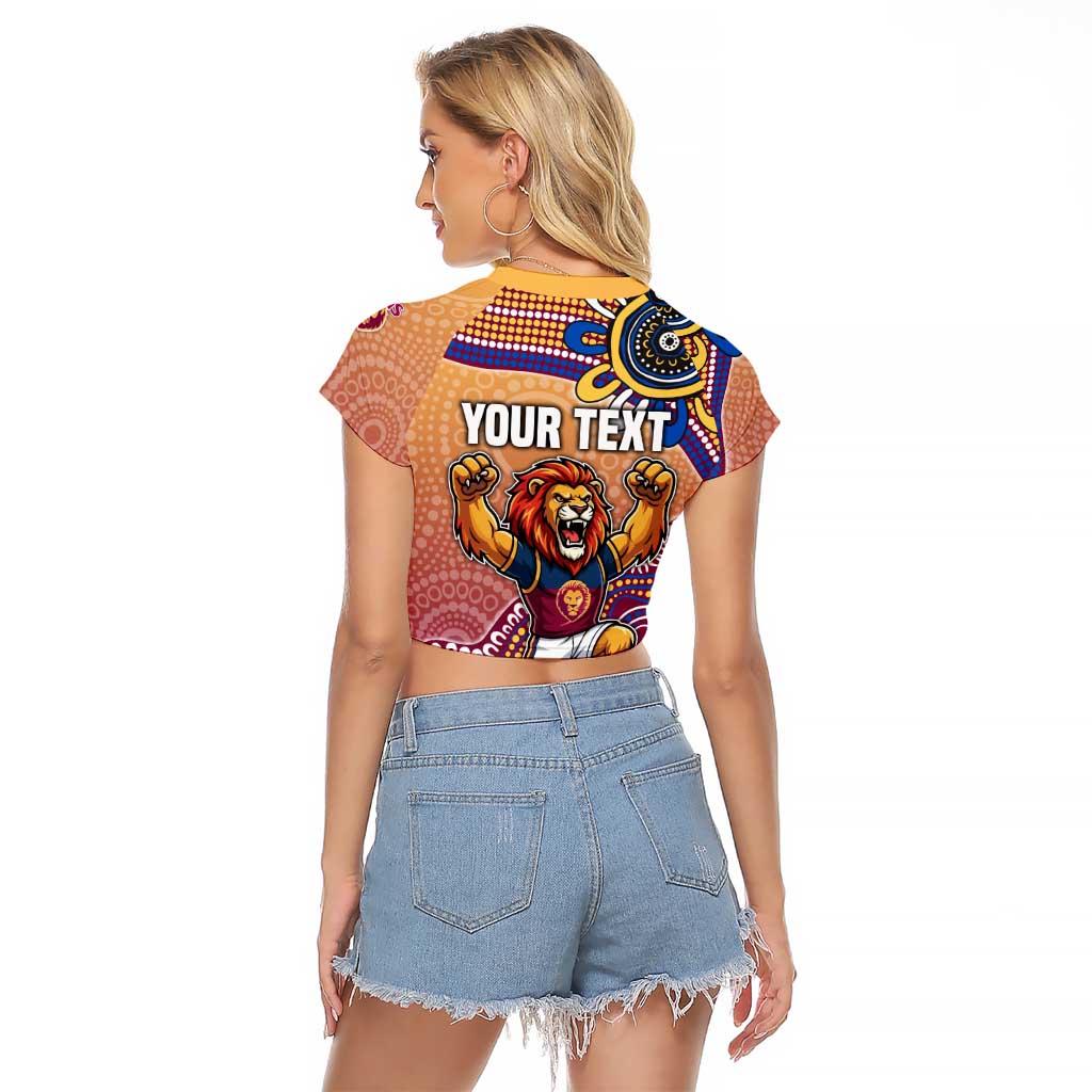 Personalized Brisbane Lions Football Mascot Raglan Cropped T Shirt Aboriginal Dot Art Style Vibrant Indigenous Pattern Design