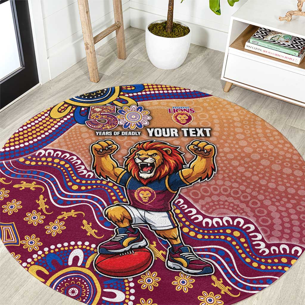 Personalized Brisbane Lions Football Mascot Round Carpet Aboriginal Dot Art Style Vibrant Indigenous Pattern Design