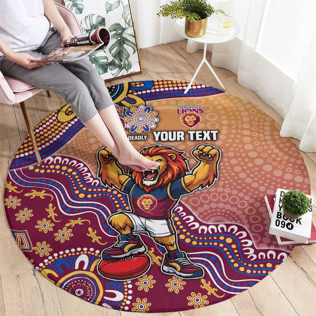 Personalized Brisbane Lions Football Mascot Round Carpet Aboriginal Dot Art Style Vibrant Indigenous Pattern Design