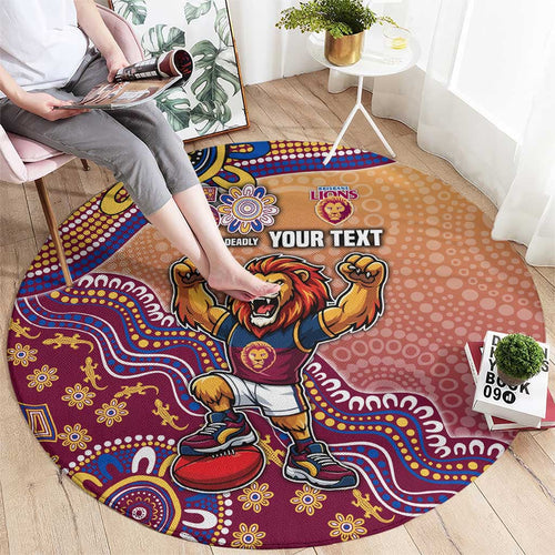 Personalized Brisbane Lions Football Mascot Round Carpet Aboriginal Dot Art Style Vibrant Indigenous Pattern Design