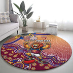 Personalized Brisbane Lions Football Mascot Round Carpet Aboriginal Dot Art Style Vibrant Indigenous Pattern Design
