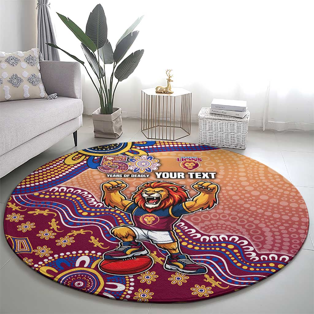 Personalized Brisbane Lions Football Mascot Round Carpet Aboriginal Dot Art Style Vibrant Indigenous Pattern Design