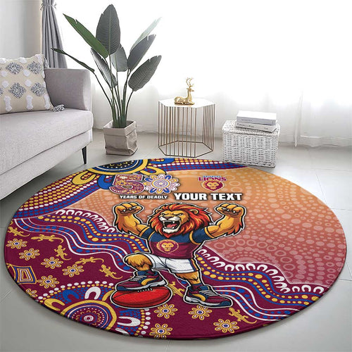 Personalized Brisbane Lions Football Mascot Round Carpet Aboriginal Dot Art Style Vibrant Indigenous Pattern Design