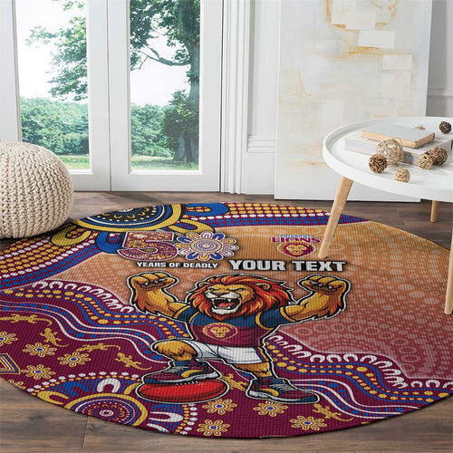 Personalized Brisbane Lions Football Mascot Round Carpet Aboriginal Dot Art Style Vibrant Indigenous Pattern Design