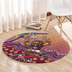 Personalized Brisbane Lions Football Mascot Round Carpet Aboriginal Dot Art Style Vibrant Indigenous Pattern Design