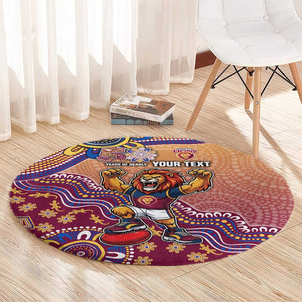 Personalized Brisbane Lions Football Mascot Round Carpet Aboriginal Dot Art Style Vibrant Indigenous Pattern Design