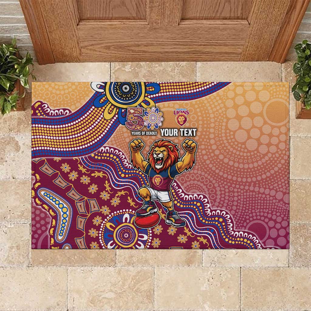 Personalized Brisbane Lions Football Mascot Rubber Doormat Aboriginal Dot Art Style Vibrant Indigenous Pattern Design