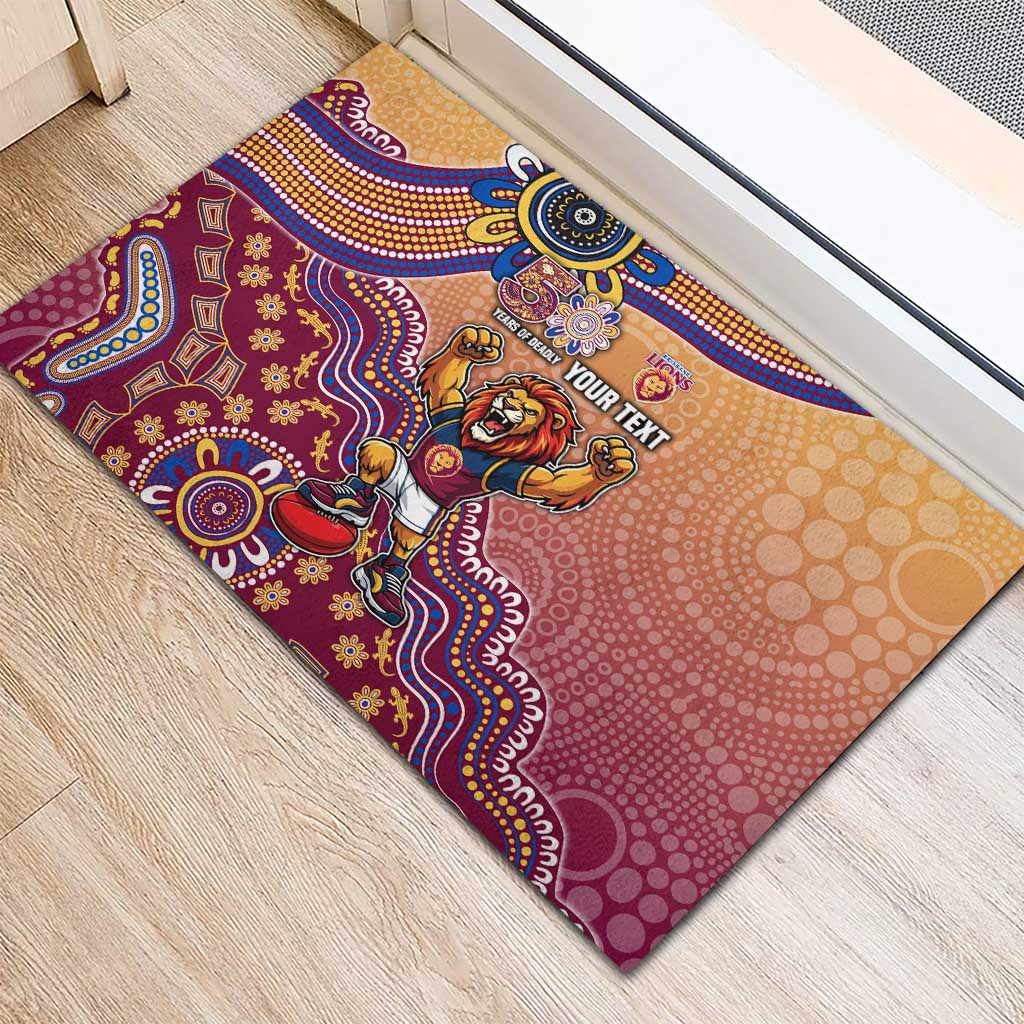 Personalized Brisbane Lions Football Mascot Rubber Doormat Aboriginal Dot Art Style Vibrant Indigenous Pattern Design