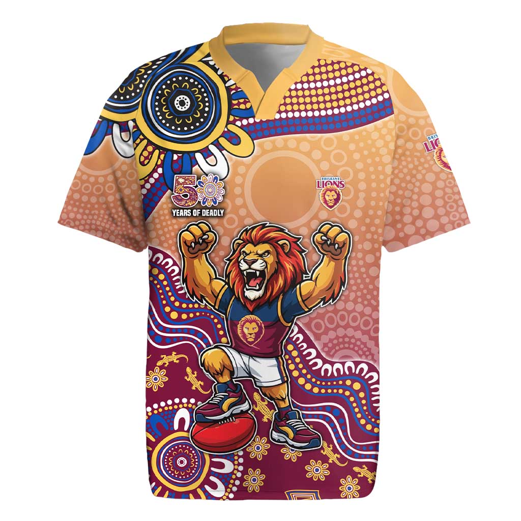 Personalized Brisbane Lions Football Mascot Rugby Jersey Aboriginal Dot Art Style Vibrant Indigenous Pattern Design
