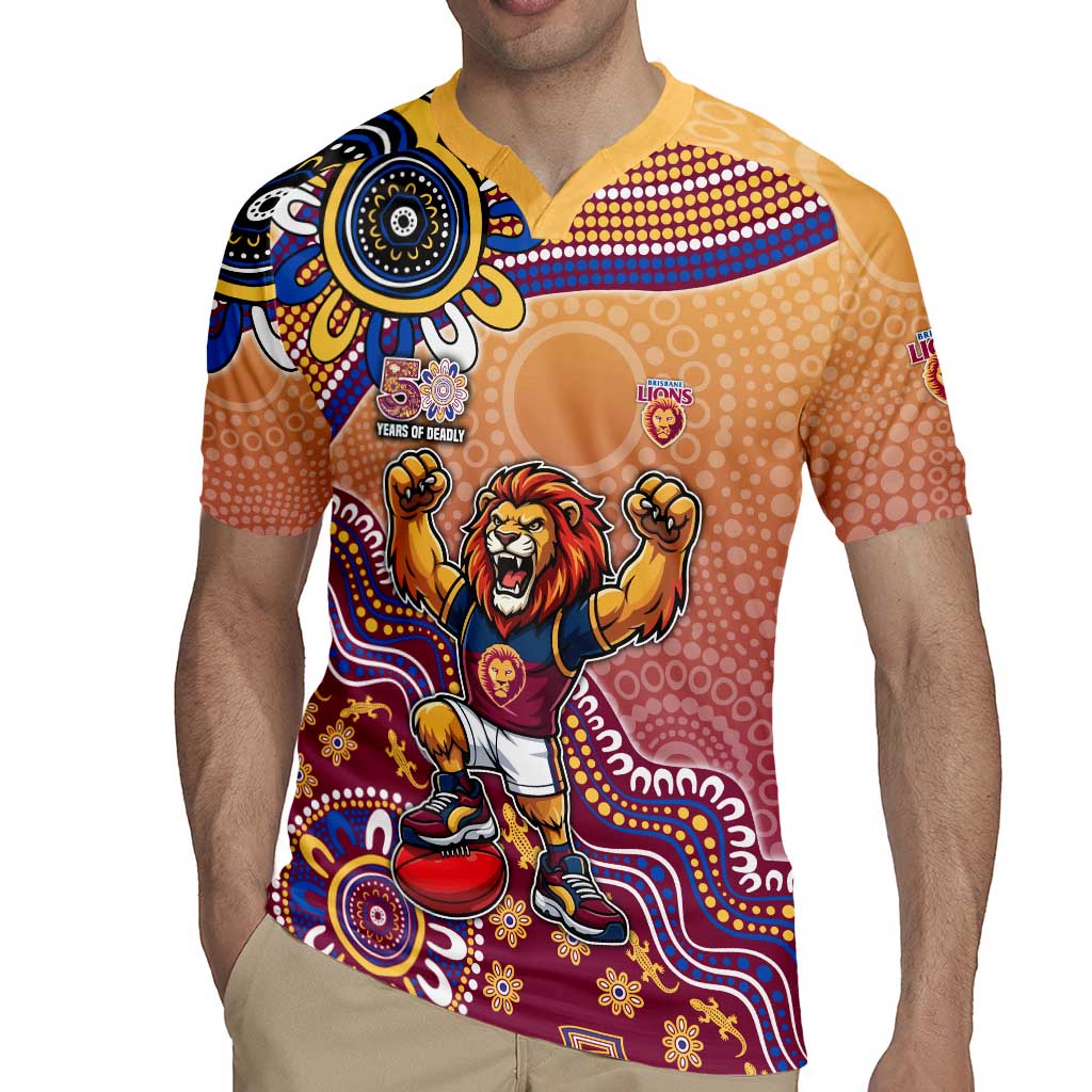 Personalized Brisbane Lions Football Mascot Rugby Jersey Aboriginal Dot Art Style Vibrant Indigenous Pattern Design
