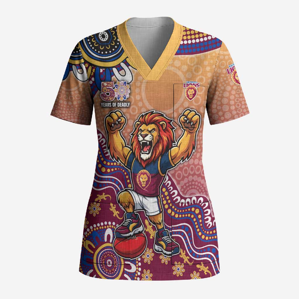 Personalized Brisbane Lions Football Mascot Scrub Top Aboriginal Dot Art Style Vibrant Indigenous Pattern Design