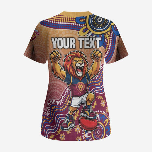Personalized Brisbane Lions Football Mascot Scrub Top Aboriginal Dot Art Style Vibrant Indigenous Pattern Design