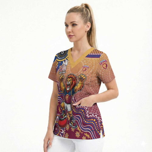 Personalized Brisbane Lions Football Mascot Scrub Top Aboriginal Dot Art Style Vibrant Indigenous Pattern Design