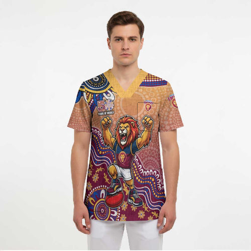 Personalized Brisbane Lions Football Mascot Scrub Top Aboriginal Dot Art Style Vibrant Indigenous Pattern Design