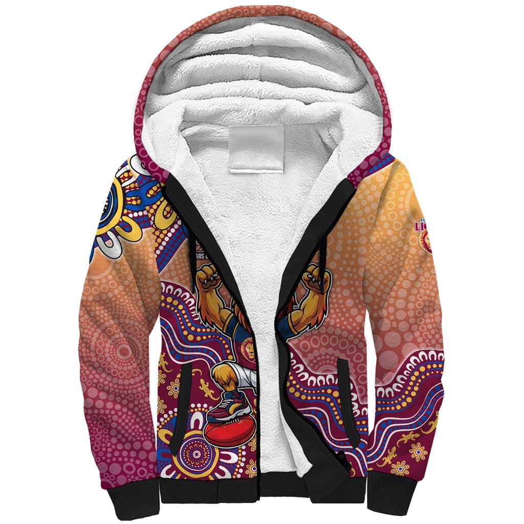 Personalized Brisbane Lions Football Mascot Sherpa Hoodie Aboriginal Dot Art Style Vibrant Indigenous Pattern Design