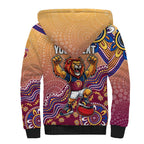 Personalized Brisbane Lions Football Mascot Sherpa Hoodie Aboriginal Dot Art Style Vibrant Indigenous Pattern Design