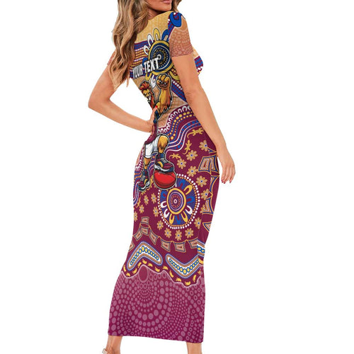 Personalized Brisbane Lions Football Mascot Short Sleeve Bodycon Dress Aboriginal Dot Art Style Vibrant Indigenous Pattern Design