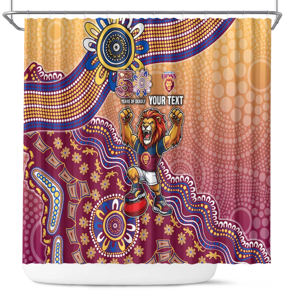 Personalized Brisbane Lions Football Mascot Shower Curtain Aboriginal Dot Art Style Vibrant Indigenous Pattern Design