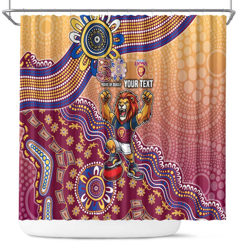 Personalized Brisbane Lions Football Mascot Shower Curtain Aboriginal Dot Art Style Vibrant Indigenous Pattern Design