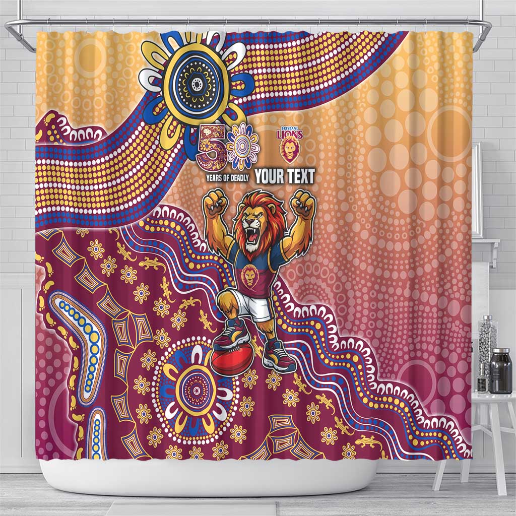Personalized Brisbane Lions Football Mascot Shower Curtain Aboriginal Dot Art Style Vibrant Indigenous Pattern Design