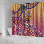Personalized Brisbane Lions Football Mascot Shower Curtain Aboriginal Dot Art Style Vibrant Indigenous Pattern Design