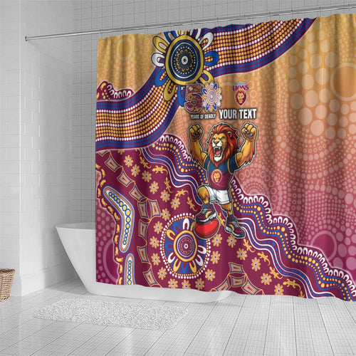Personalized Brisbane Lions Football Mascot Shower Curtain Aboriginal Dot Art Style Vibrant Indigenous Pattern Design