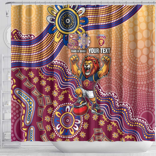Personalized Brisbane Lions Football Mascot Shower Curtain Aboriginal Dot Art Style Vibrant Indigenous Pattern Design