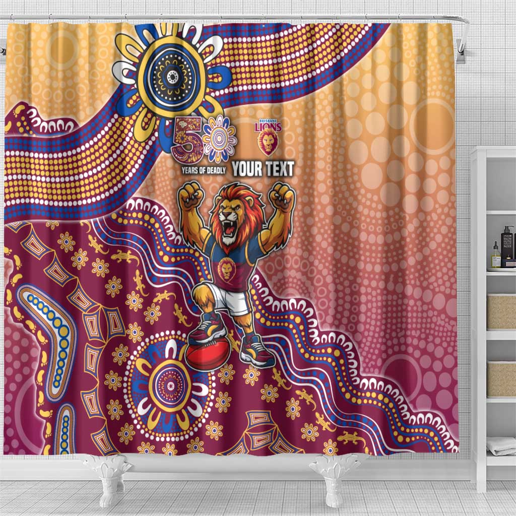 Personalized Brisbane Lions Football Mascot Shower Curtain Aboriginal Dot Art Style Vibrant Indigenous Pattern Design