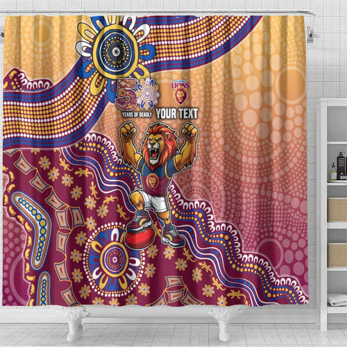 Personalized Brisbane Lions Football Mascot Shower Curtain Aboriginal Dot Art Style Vibrant Indigenous Pattern Design