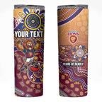 Personalized Brisbane Lions Football Mascot Skinny Tumbler Aboriginal Dot Art Style Vibrant Indigenous Pattern Design