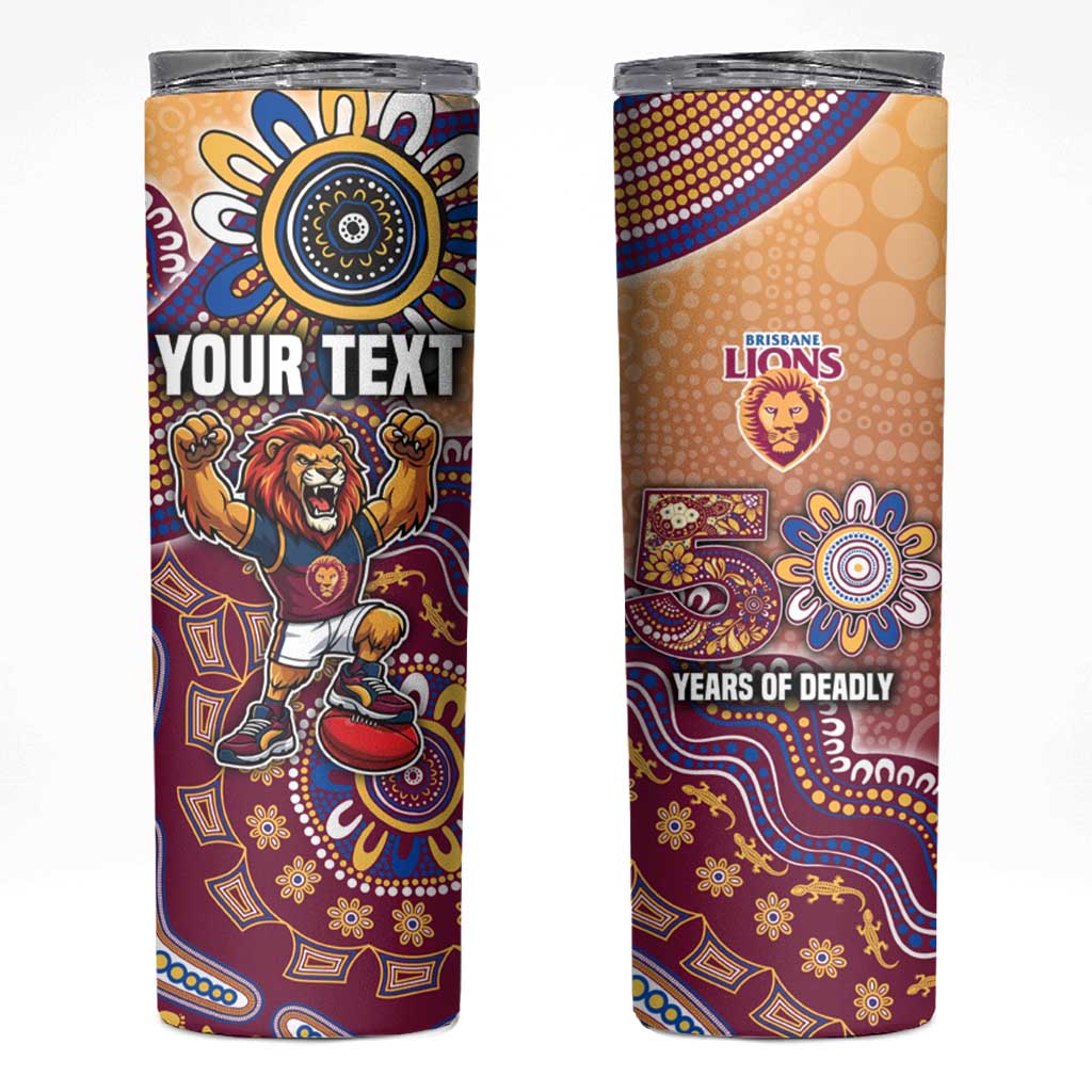 Personalized Brisbane Lions Football Mascot Skinny Tumbler Aboriginal Dot Art Style Vibrant Indigenous Pattern Design