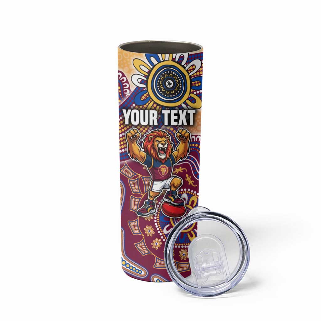Personalized Brisbane Lions Football Mascot Skinny Tumbler Aboriginal Dot Art Style Vibrant Indigenous Pattern Design