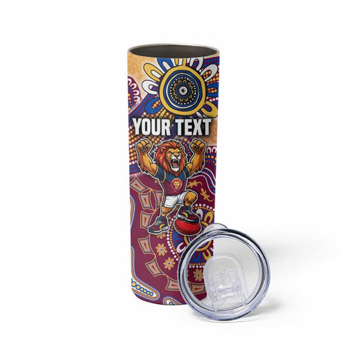 Personalized Brisbane Lions Football Mascot Skinny Tumbler Aboriginal Dot Art Style Vibrant Indigenous Pattern Design