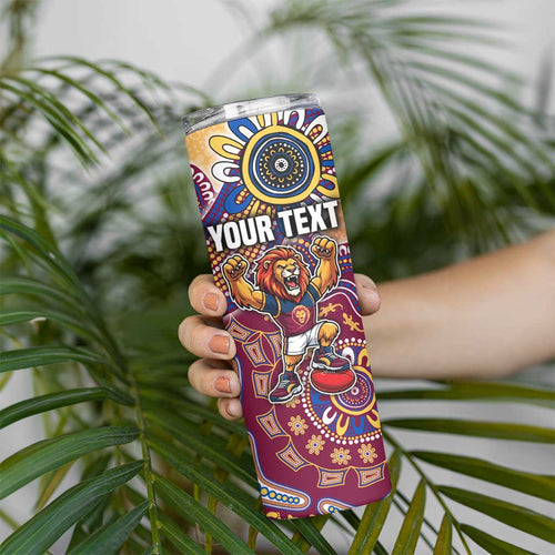 Personalized Brisbane Lions Football Mascot Skinny Tumbler Aboriginal Dot Art Style Vibrant Indigenous Pattern Design