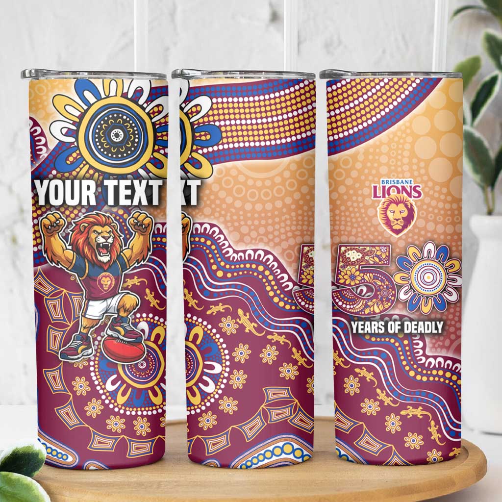 Personalized Brisbane Lions Football Mascot Skinny Tumbler Aboriginal Dot Art Style Vibrant Indigenous Pattern Design
