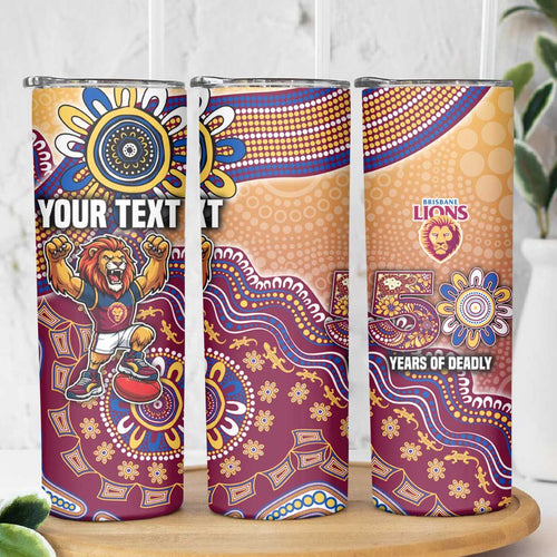 Personalized Brisbane Lions Football Mascot Skinny Tumbler Aboriginal Dot Art Style Vibrant Indigenous Pattern Design