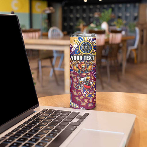 Personalized Brisbane Lions Football Mascot Skinny Tumbler Aboriginal Dot Art Style Vibrant Indigenous Pattern Design