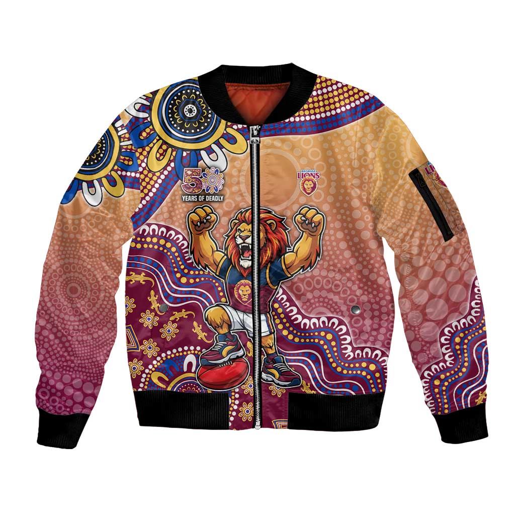 Personalized Brisbane Lions Football Mascot Sleeve Zip Bomber Jacket Aboriginal Dot Art Style Vibrant Indigenous Pattern Design