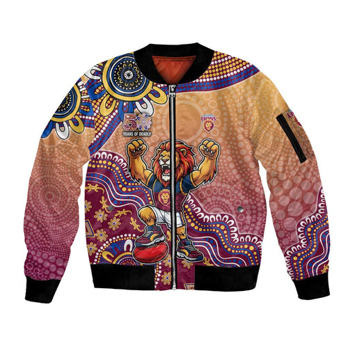 Personalized Brisbane Lions Football Mascot Sleeve Zip Bomber Jacket Aboriginal Dot Art Style Vibrant Indigenous Pattern Design