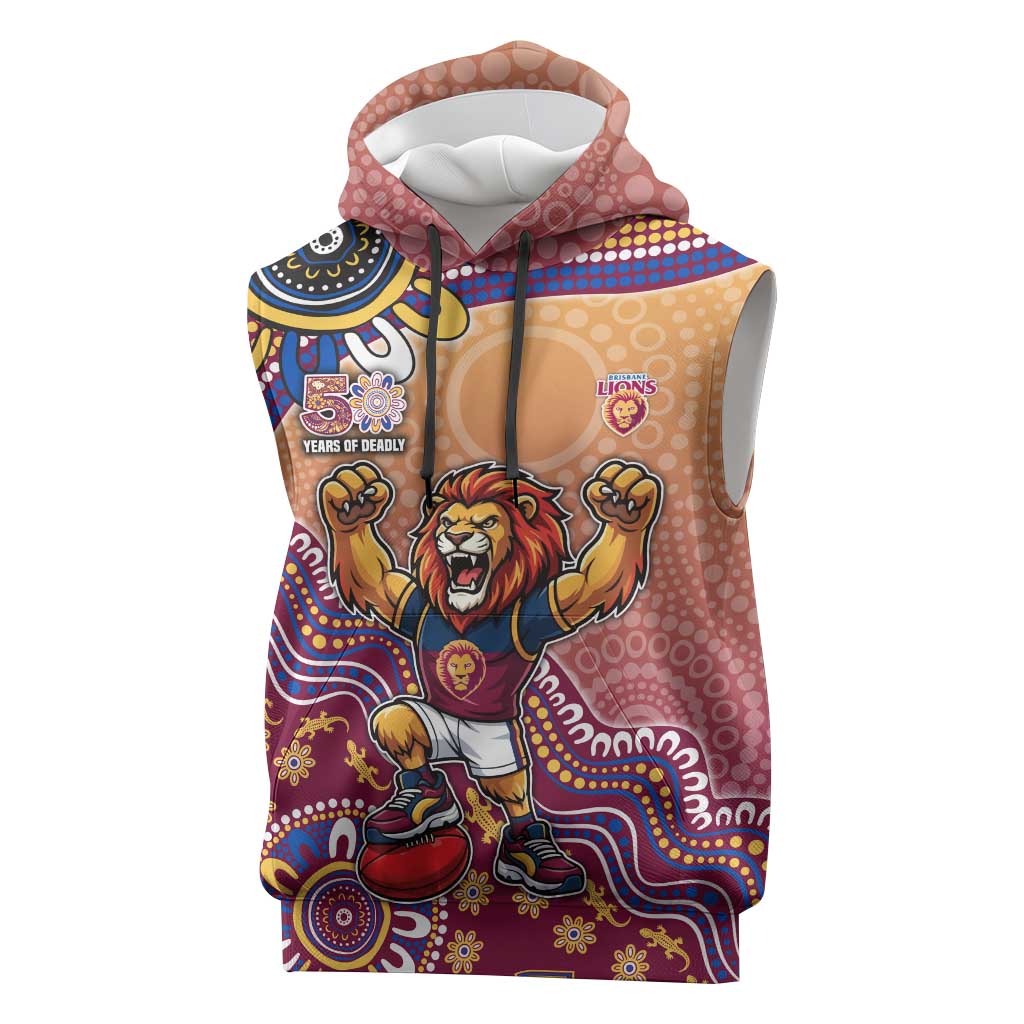 Personalized Brisbane Lions Football Mascot Sleeveless Hoodie Aboriginal Dot Art Style Vibrant Indigenous Pattern Design