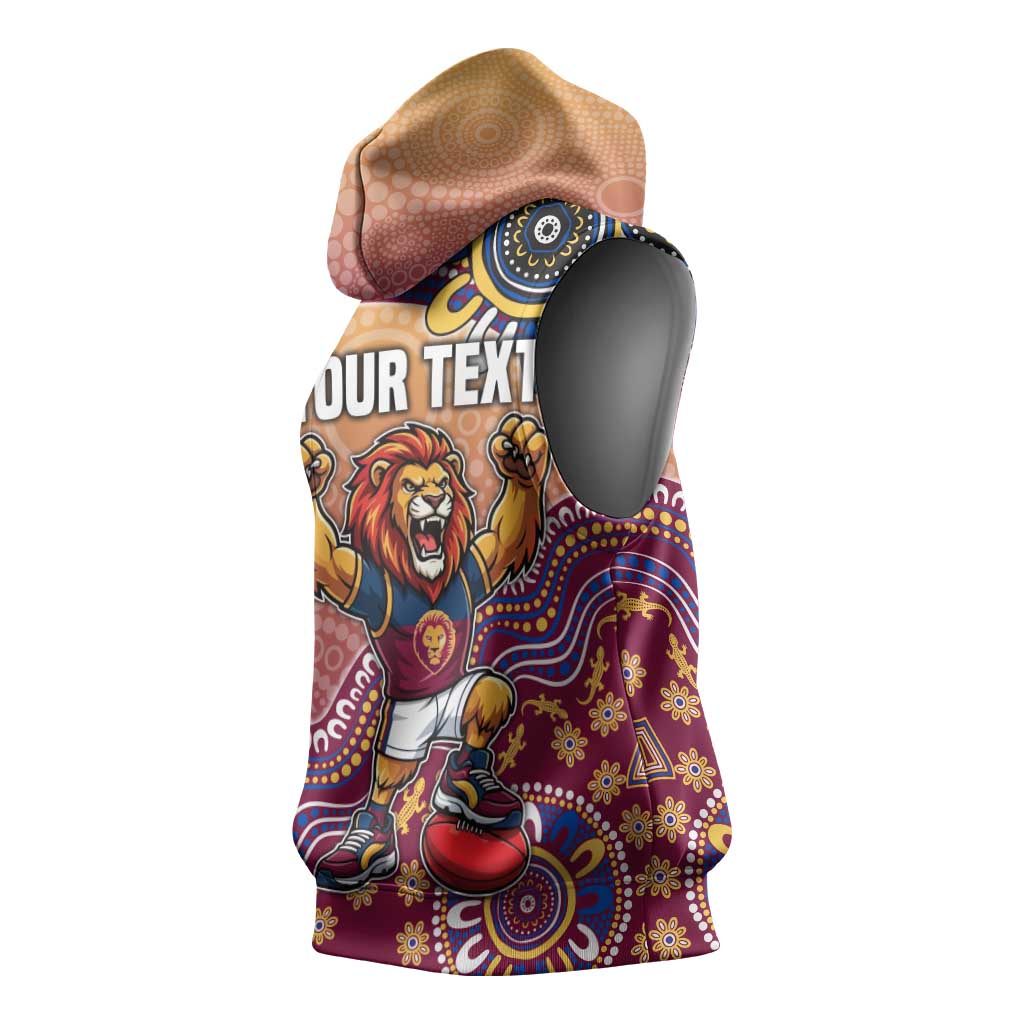 Personalized Brisbane Lions Football Mascot Sleeveless Hoodie Aboriginal Dot Art Style Vibrant Indigenous Pattern Design